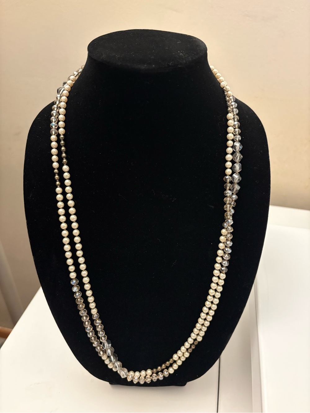 Anne Taylor LOFT Czech Faux Pearl and Glass Crystal Opera Length Necklace